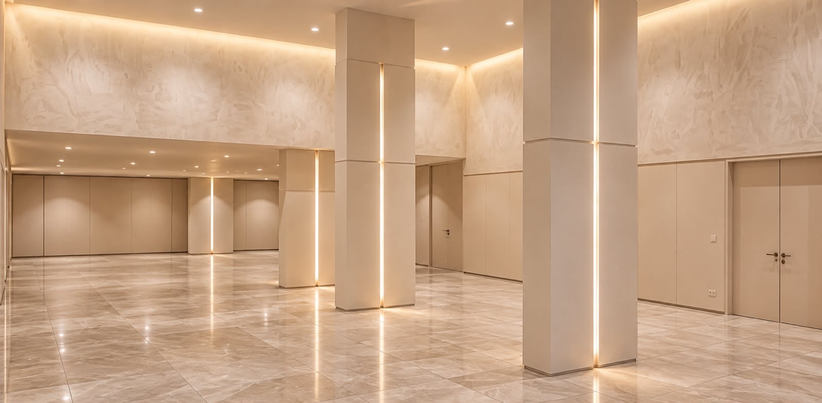 Render del salón de eventos: columnas con ranuras de luz, muros de estuco y piso de mármol claro. Imagen ilustrativa.