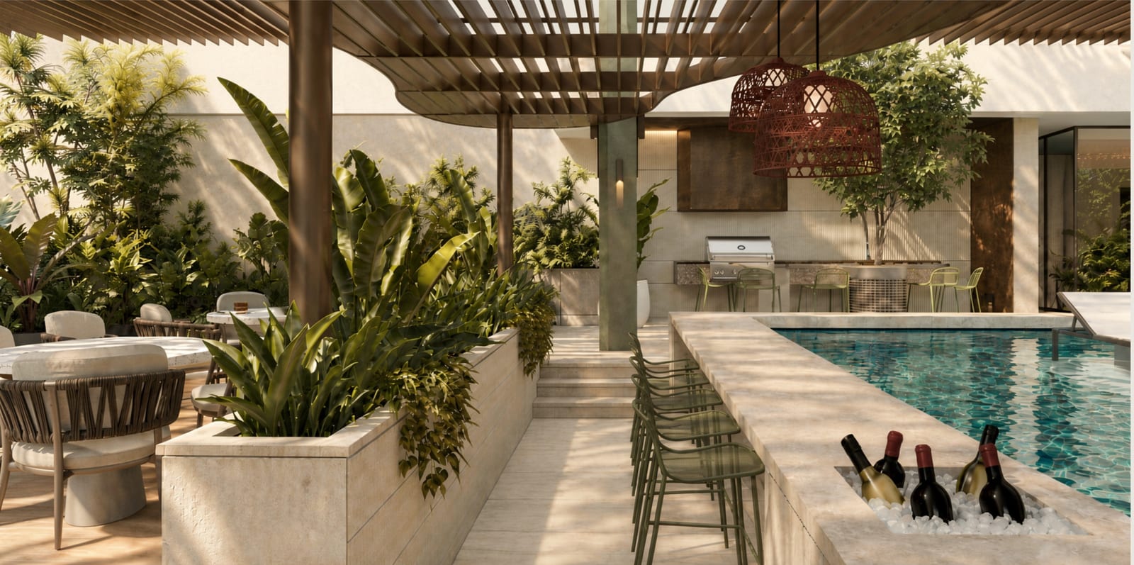 Render de The Circle y la piscina del nivel 7: pérgola, tumbonas junto al agua y la ciudad al fondo. Imagen ilustrativa.
