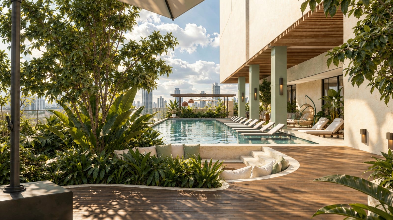 Render de The Circle y la piscina del nivel 7: pérgola, tumbonas junto al agua y la ciudad al fondo. Imagen ilustrativa.