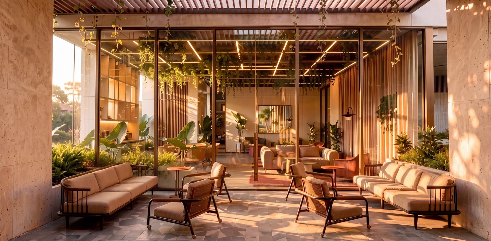 Render del co-living: salón acristalado hacia el jardín, con sofás y mesas bajo una pérgola de madera. Imagen ilustrativa.