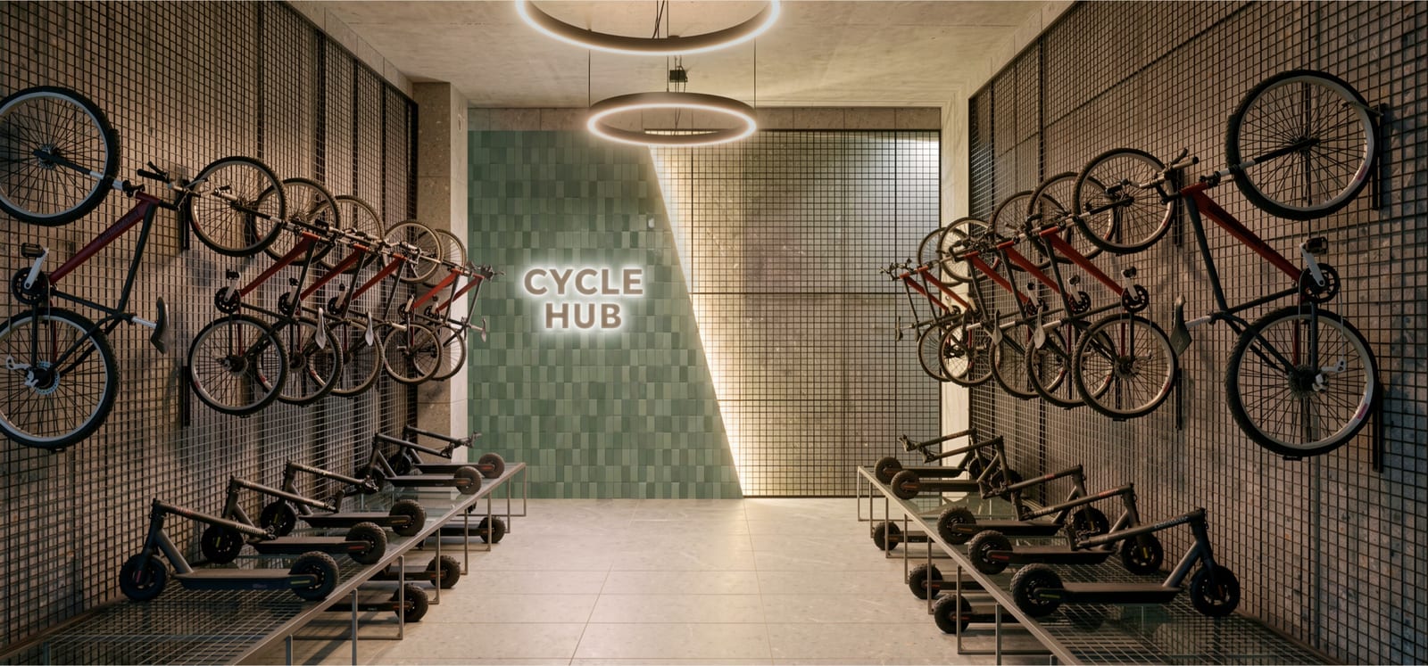 Render del Cycle Hub: bicicletas colgadas en la pared, scooters y el rótulo Cycle Hub sobre azulejo verde. Imagen ilustrativa.