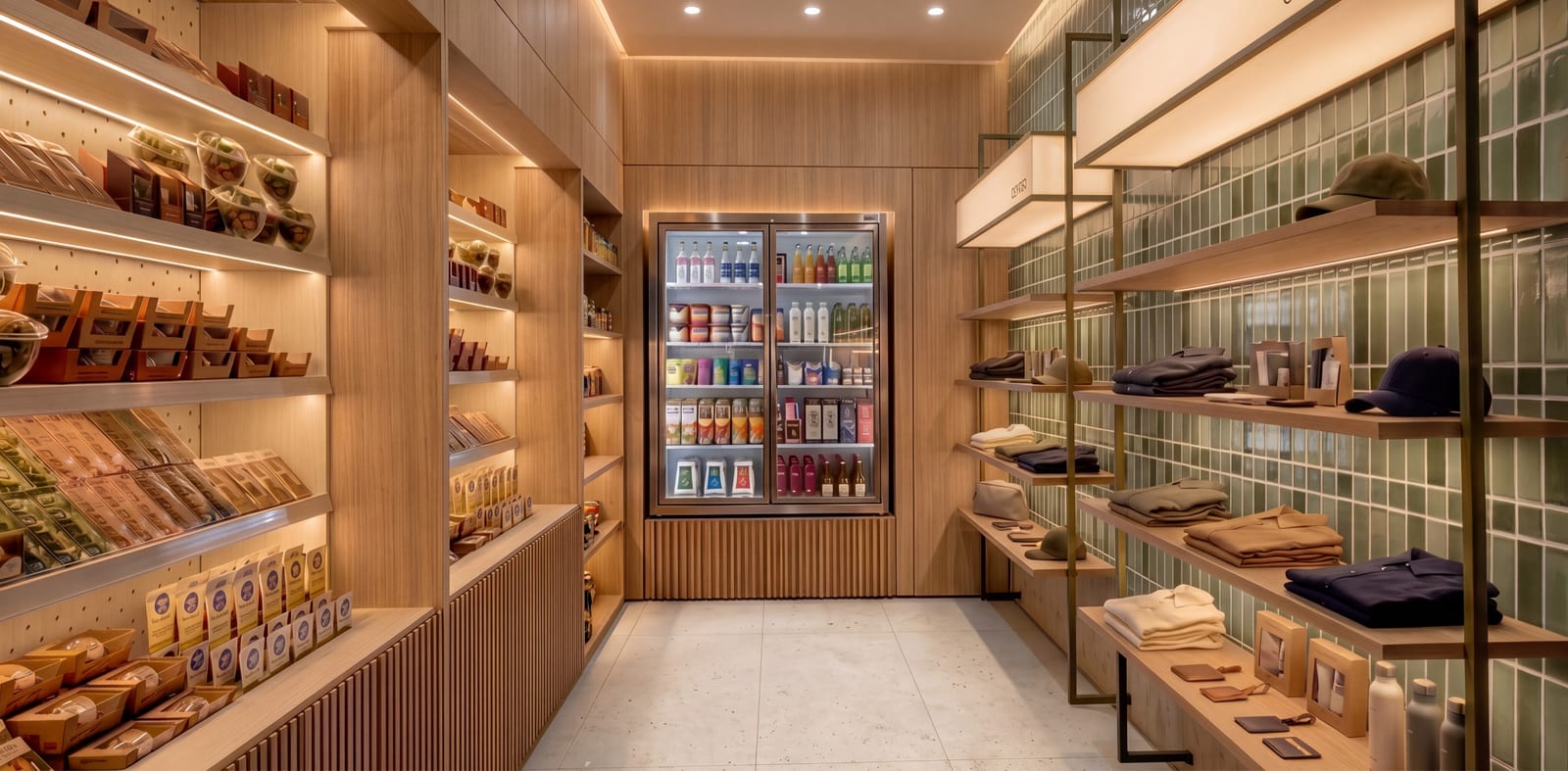 Render del Grab & Go: estantes de madera con productos, nevera de bebidas y azulejo verde. Imagen ilustrativa.