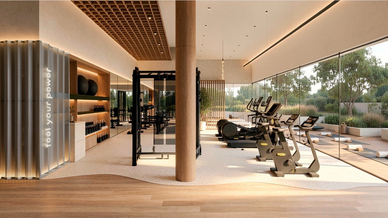 Render del gimnasio del nivel 7: equipos de cardio y pesas frente a un ventanal con vegetación. Imagen ilustrativa.