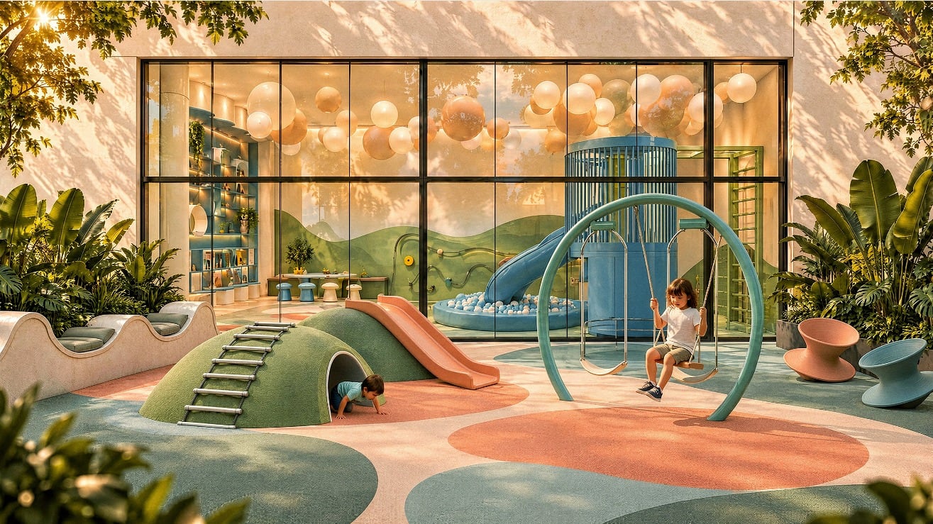 Render de Happy Land, el área infantil del nivel 7: juegos con tobogán, piscina de pelotas y columpios. Imagen ilustrativa.