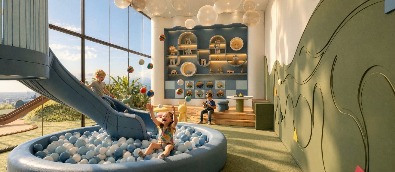Render de Happy Land, el área infantil del nivel 7: juegos con tobogán, piscina de pelotas y columpios. Imagen ilustrativa.