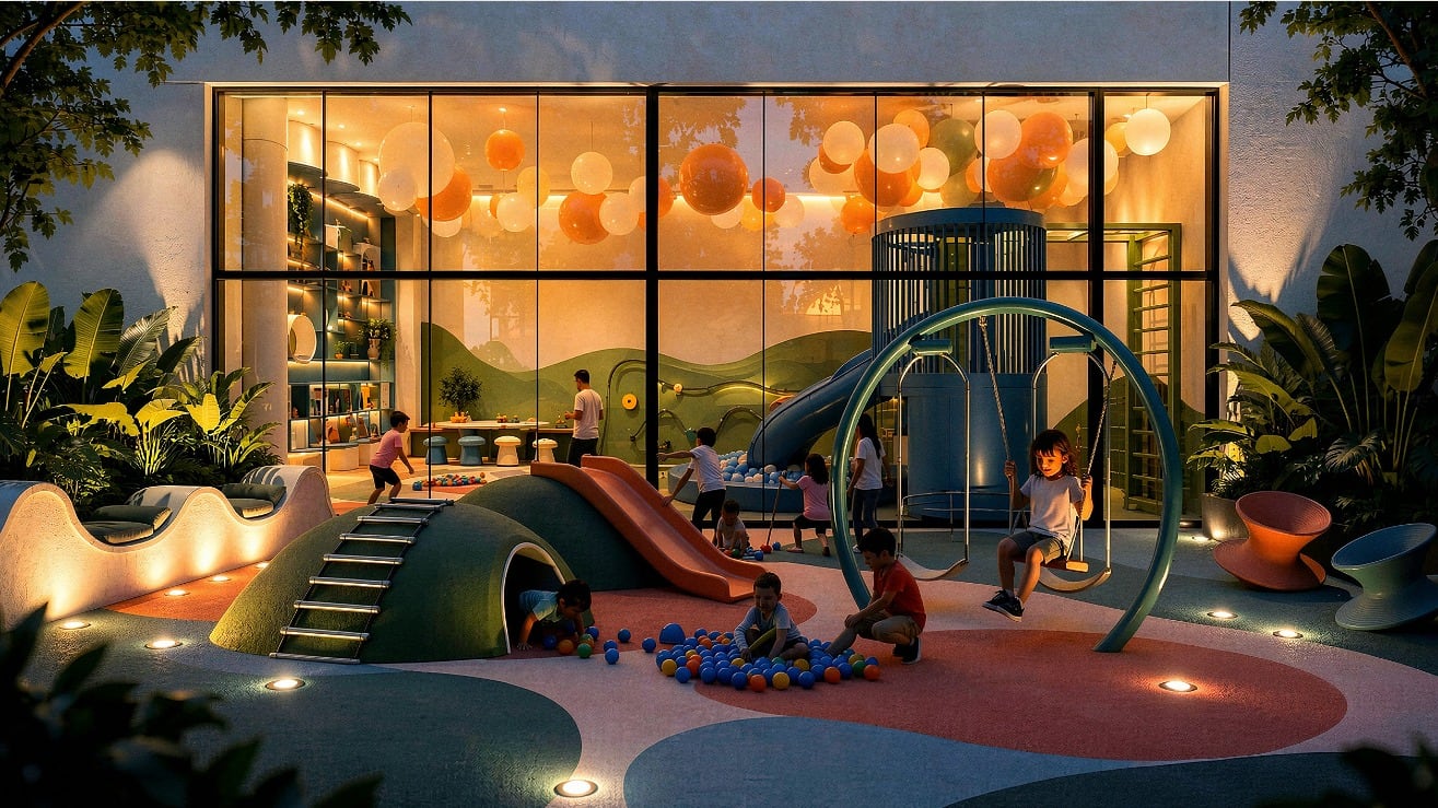 Render de Happy Land, el área infantil del nivel 7: juegos con tobogán, piscina de pelotas y columpios. Imagen ilustrativa.
