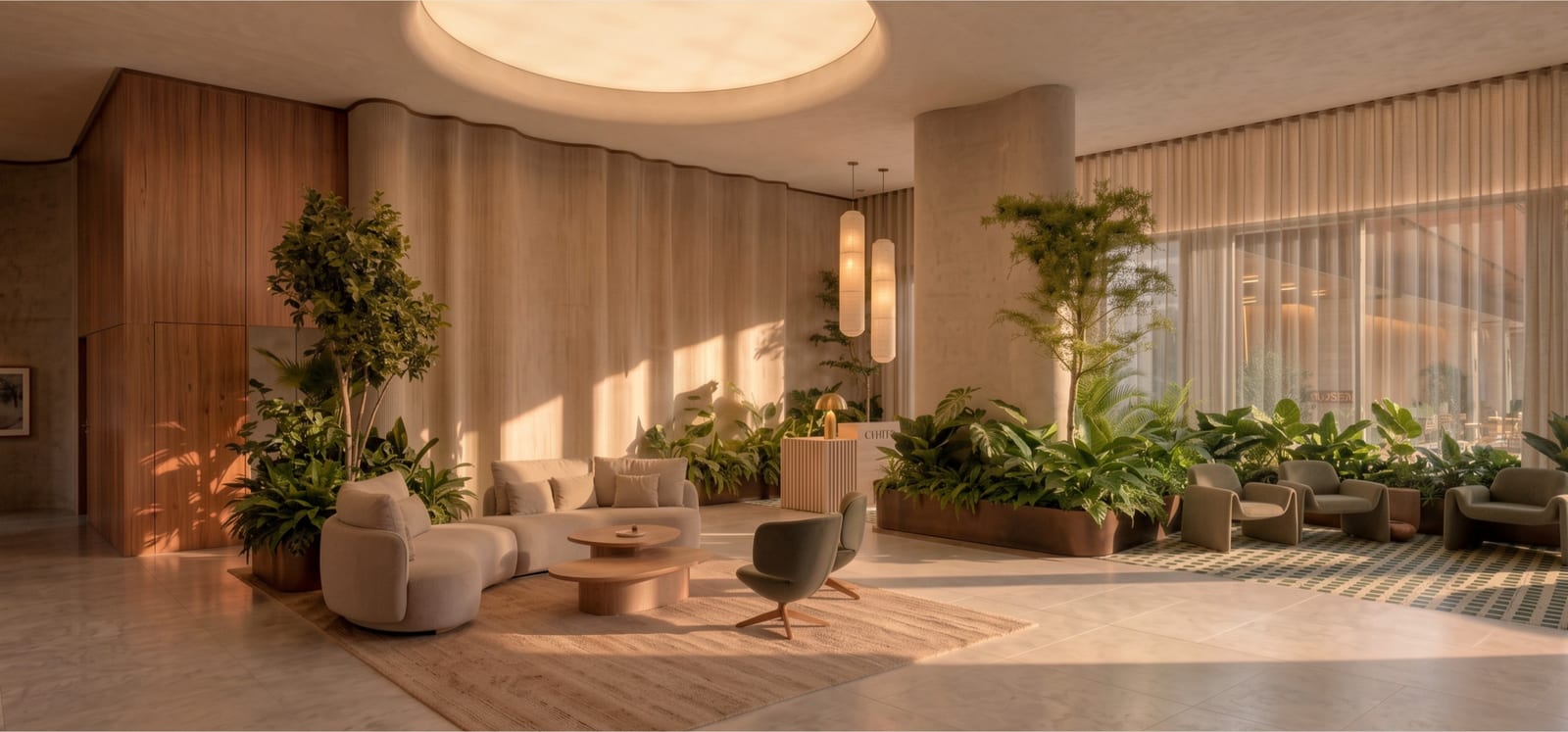 Render del lobby: pared curva de madera, lucernario circular y sillones entre plantas. Imagen ilustrativa.