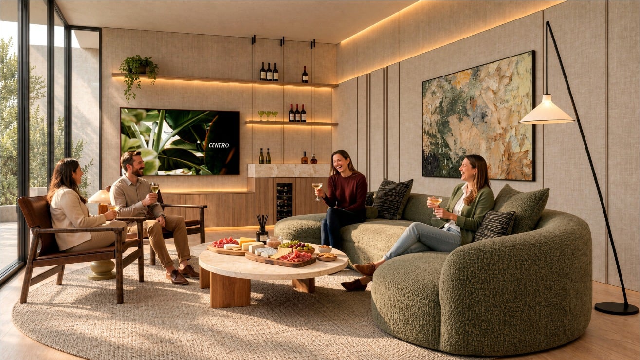 Render del Pool Lounge del nivel 7: sala con sofás curvos, pantalla y una cocina con barra. Imagen ilustrativa.