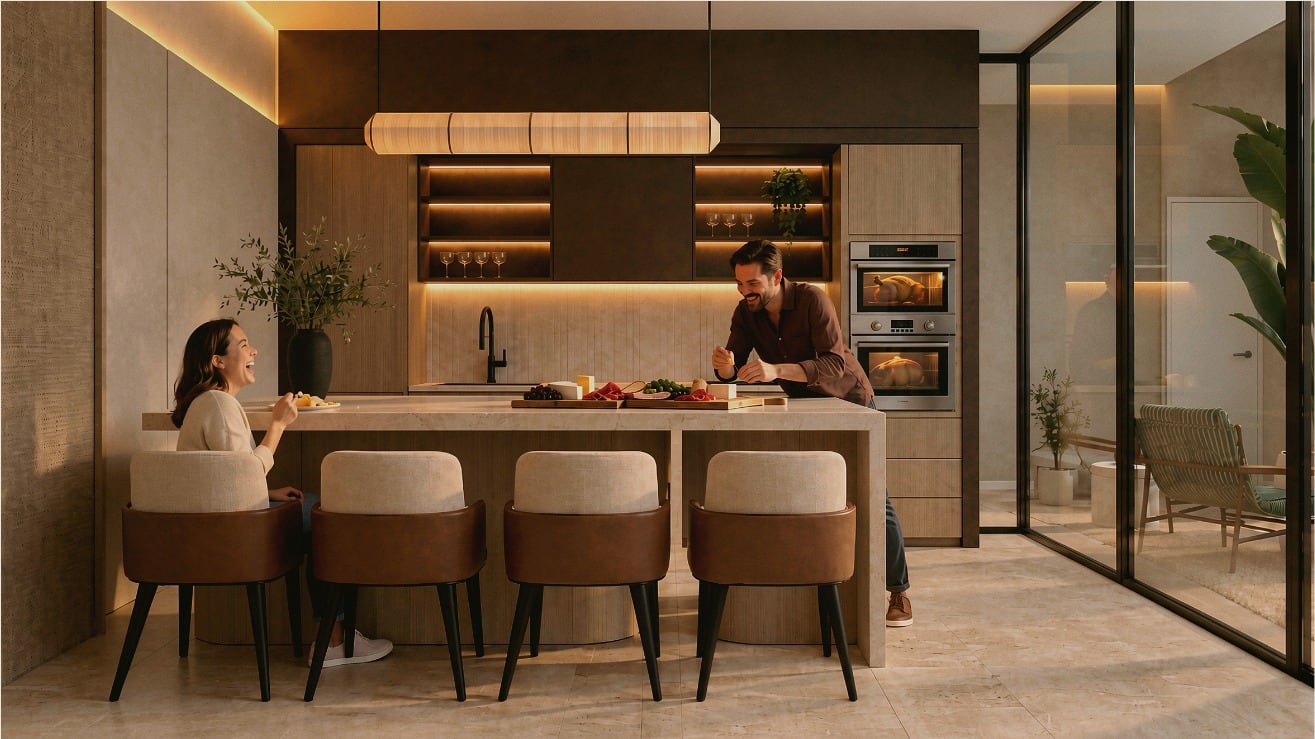 Render del Pool Lounge del nivel 7: sala con sofás curvos, pantalla y una cocina con barra. Imagen ilustrativa.