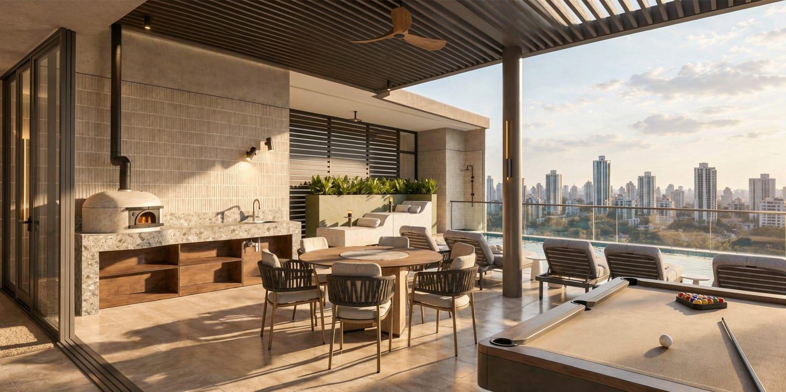 Render del horno de pizza de la azotea: horno de leña, cocina exterior y comedor bajo la pérgola con vista a la ciudad. Imagen ilustrativa.
