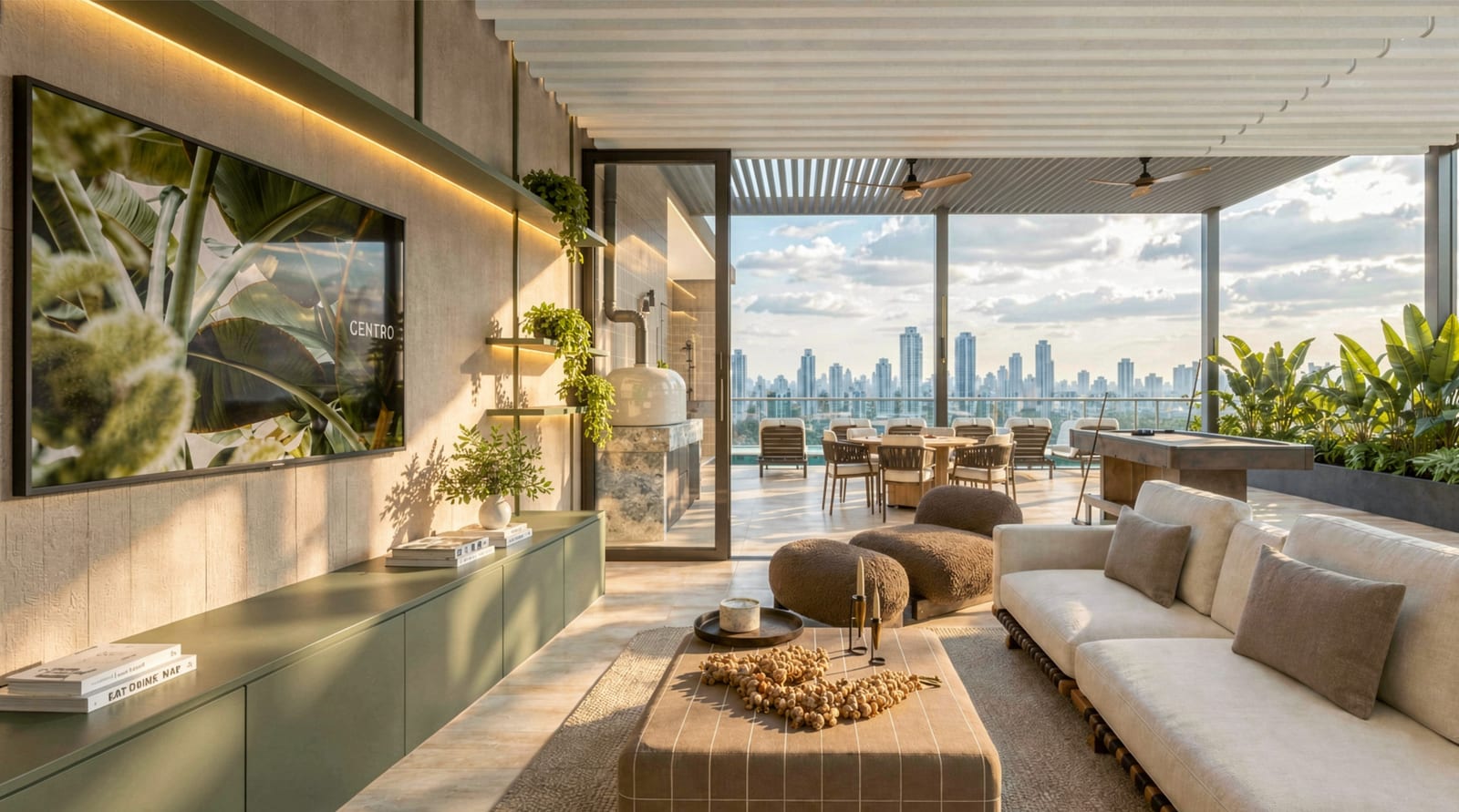 Render del lounge de la azotea: salón con sofás y pantalla, abierto a la terraza y a la ciudad. Imagen ilustrativa.