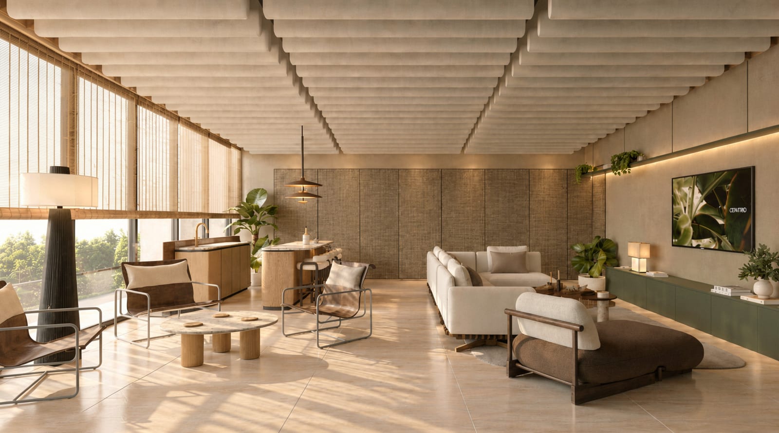 Render del lounge de la azotea: salón con sofás y pantalla, abierto a la terraza y a la ciudad. Imagen ilustrativa.