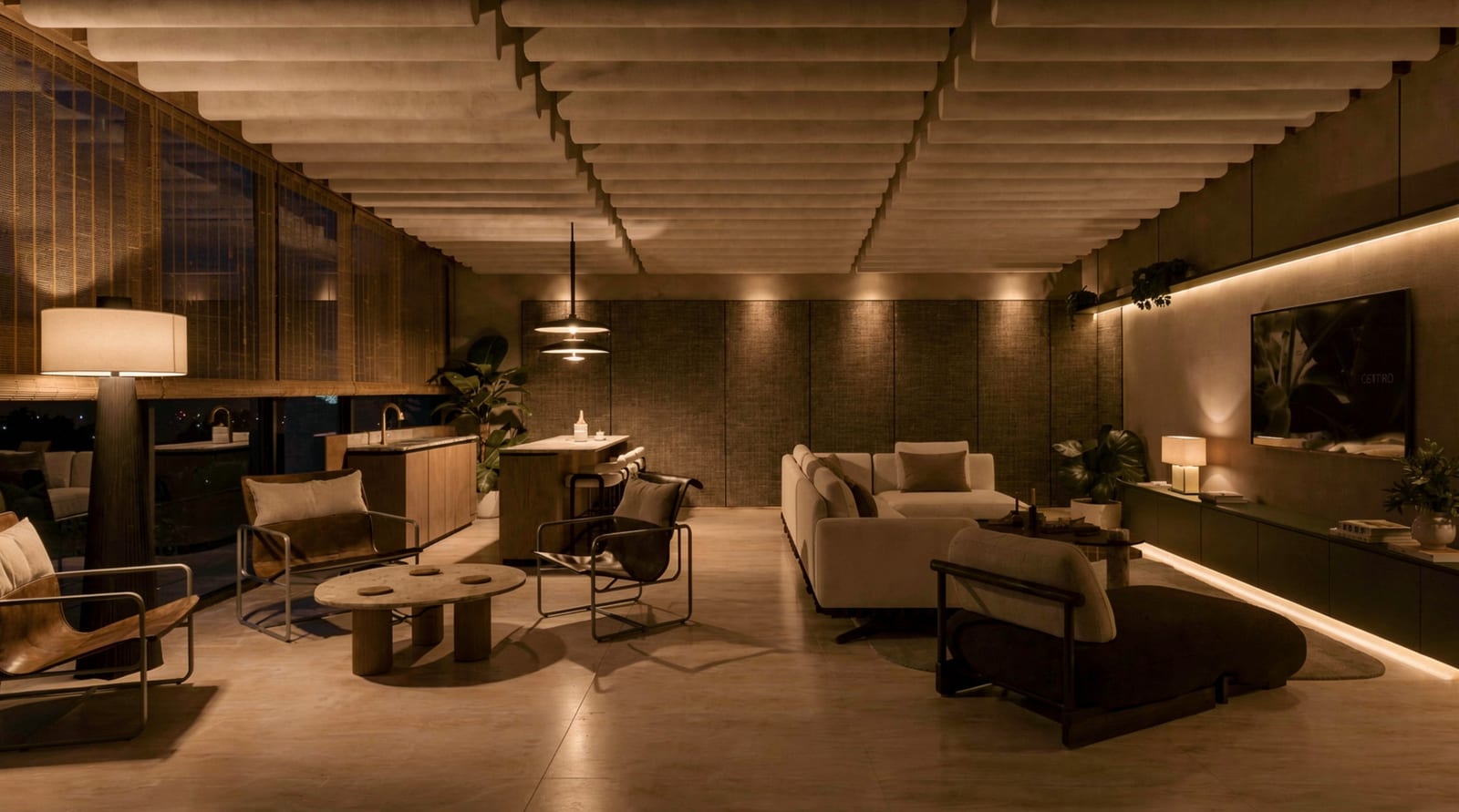 Render del lounge de la azotea: salón con sofás y pantalla, abierto a la terraza y a la ciudad. Imagen ilustrativa.
