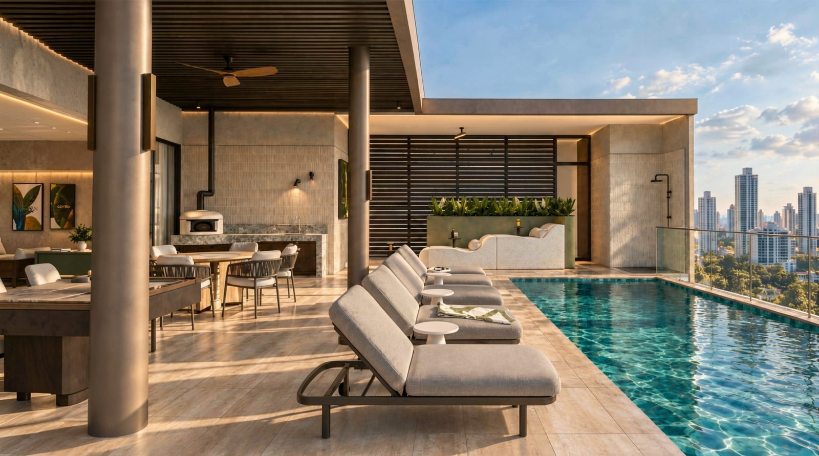 Render de la piscina de la azotea: tumbonas, mesa de billar y cocina al aire libre con vista a la ciudad. Imagen ilustrativa.