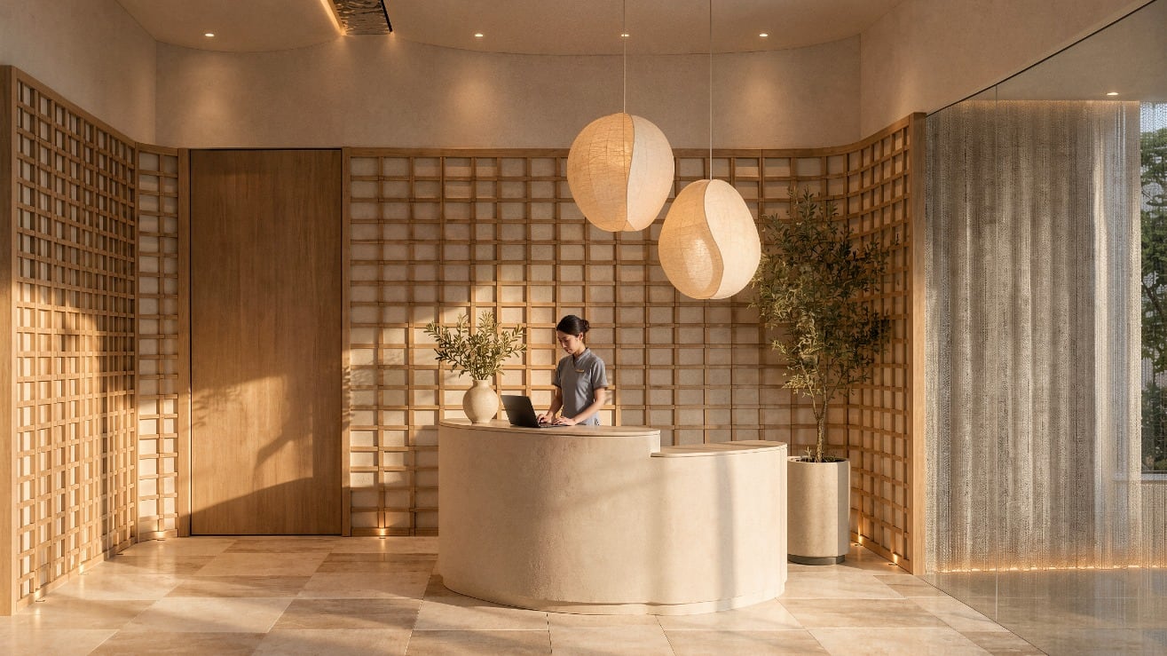 Render del spa del nivel 7: recepción con celosía de madera, sala de relajación y cabina de masaje. Imagen ilustrativa.