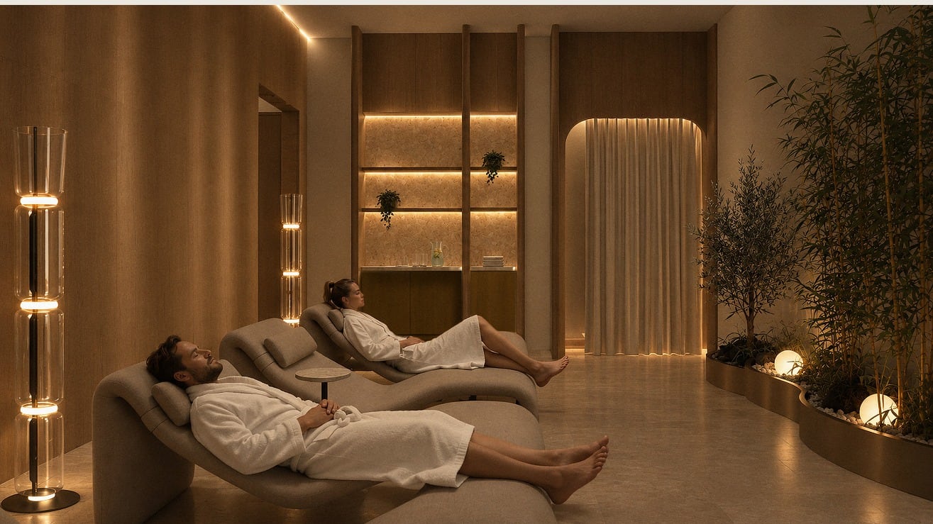 Render del spa del nivel 7: recepción con celosía de madera, sala de relajación y cabina de masaje. Imagen ilustrativa.