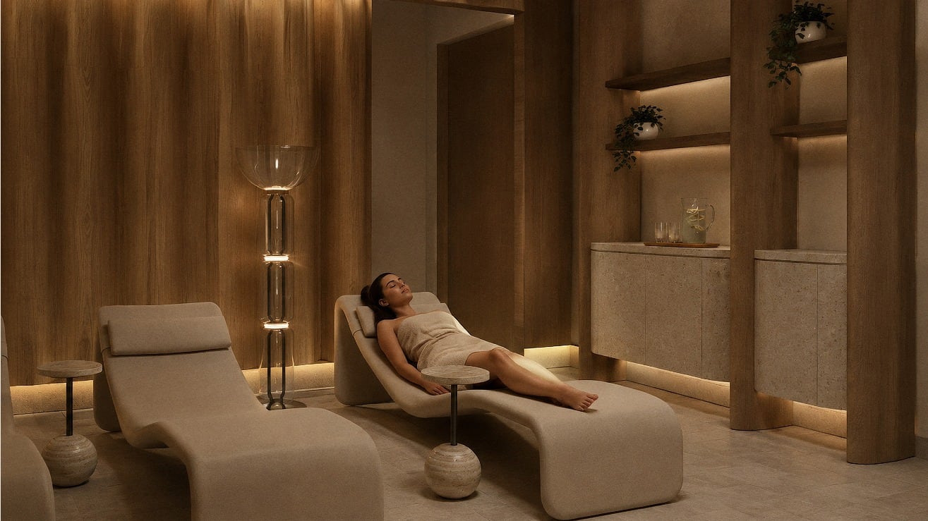 Render del spa del nivel 7: recepción con celosía de madera, sala de relajación y cabina de masaje. Imagen ilustrativa.