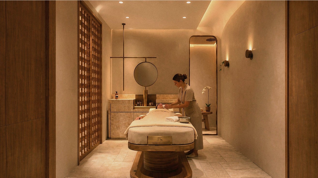 Render del spa del nivel 7: recepción con celosía de madera, sala de relajación y cabina de masaje. Imagen ilustrativa.