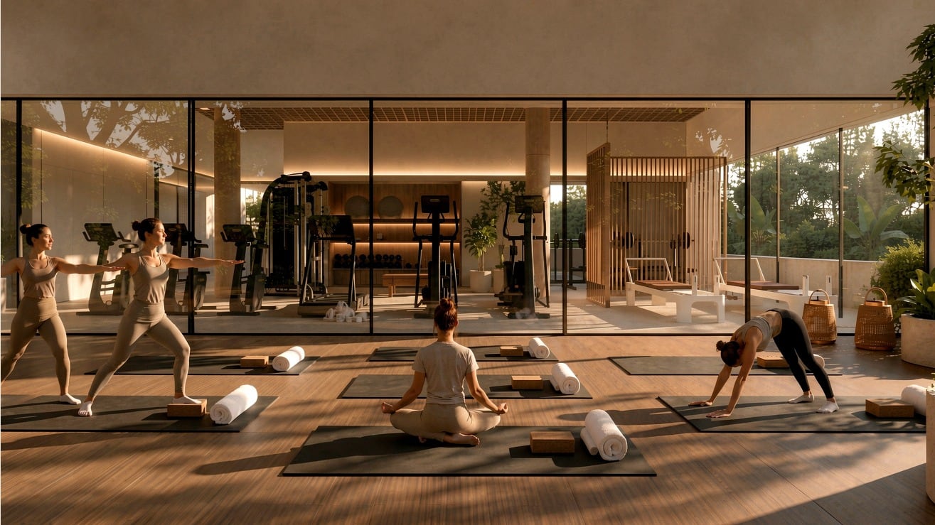 Render del Jardín Zen del nivel 7: terraza de madera con tapetes de yoga entre árboles, junto al gimnasio. Imagen ilustrativa.