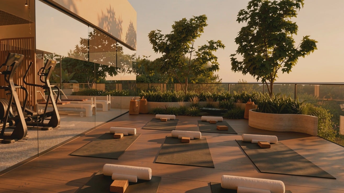 Render del Jardín Zen del nivel 7: terraza de madera con tapetes de yoga entre árboles, junto al gimnasio. Imagen ilustrativa.