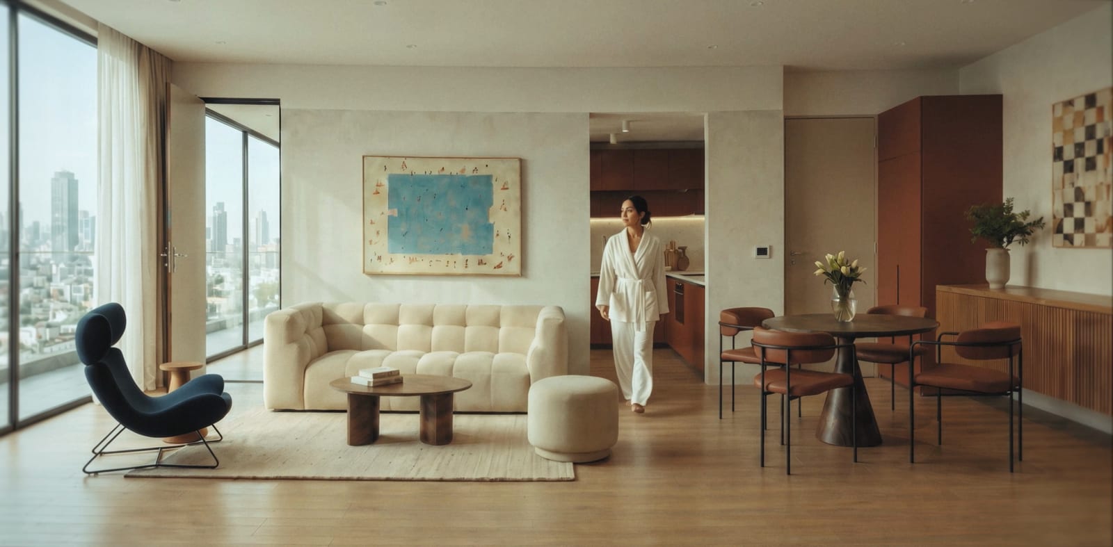 Sala de una residencia con la ciudad al fondo y luz de la mañana. Imagen ilustrativa.