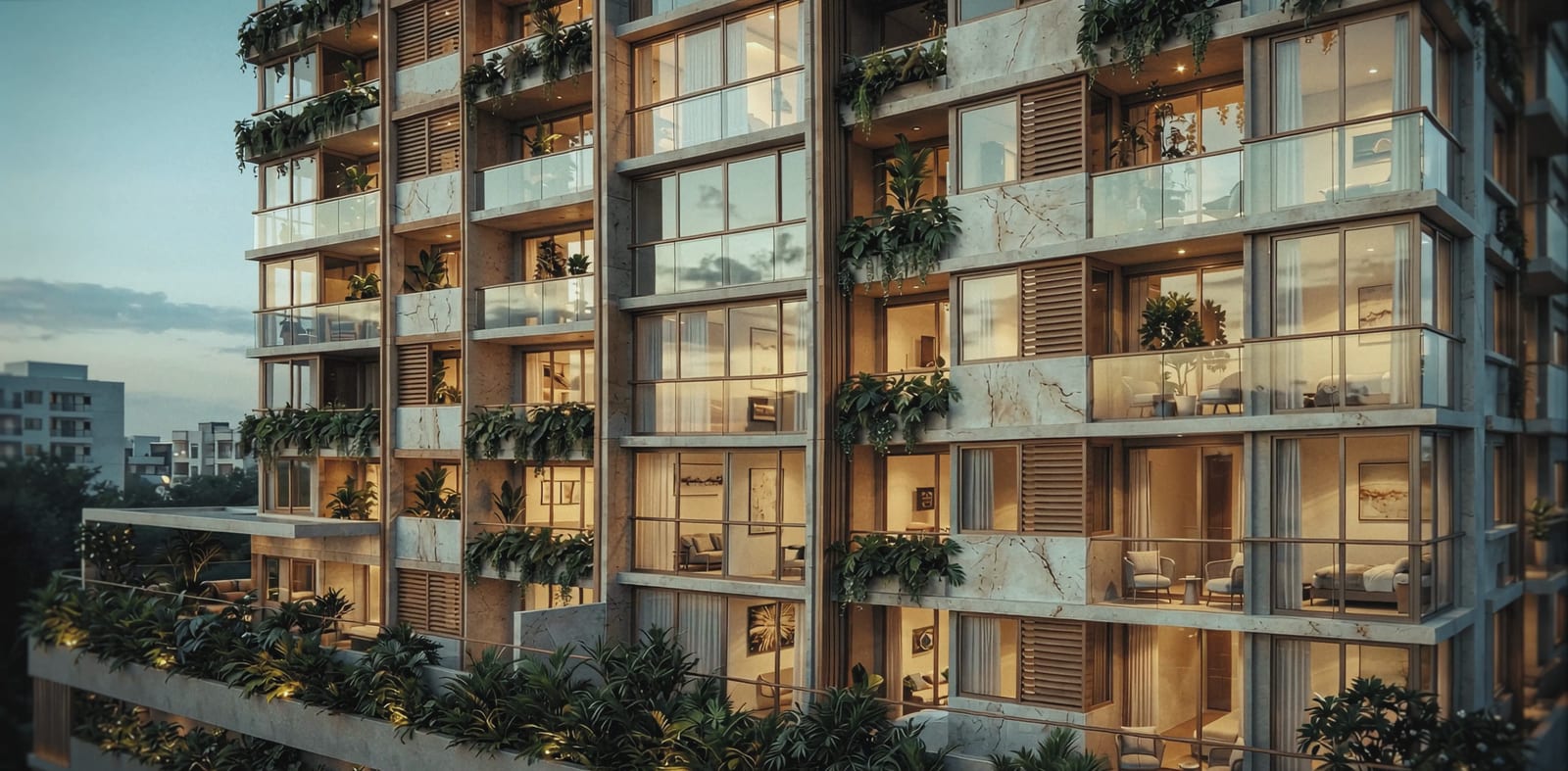 Fachada de Centro al atardecer: balcones con vegetación y luz cálida en los interiores. Imagen ilustrativa.